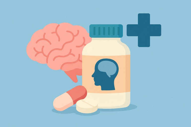 Flat illustration of brain and mental health with a supplement bottle, human head silhouette, brain graphic, capsule, tablet, and medical cross on a blue background.