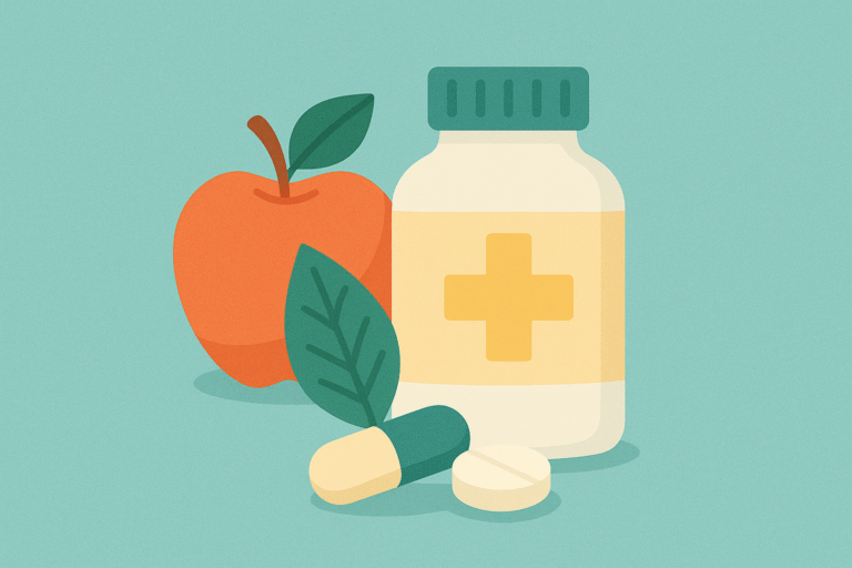 Flat illustration of general health and wellness with a supplement bottle, apple, green leaf, capsule, and tablet on a teal background.