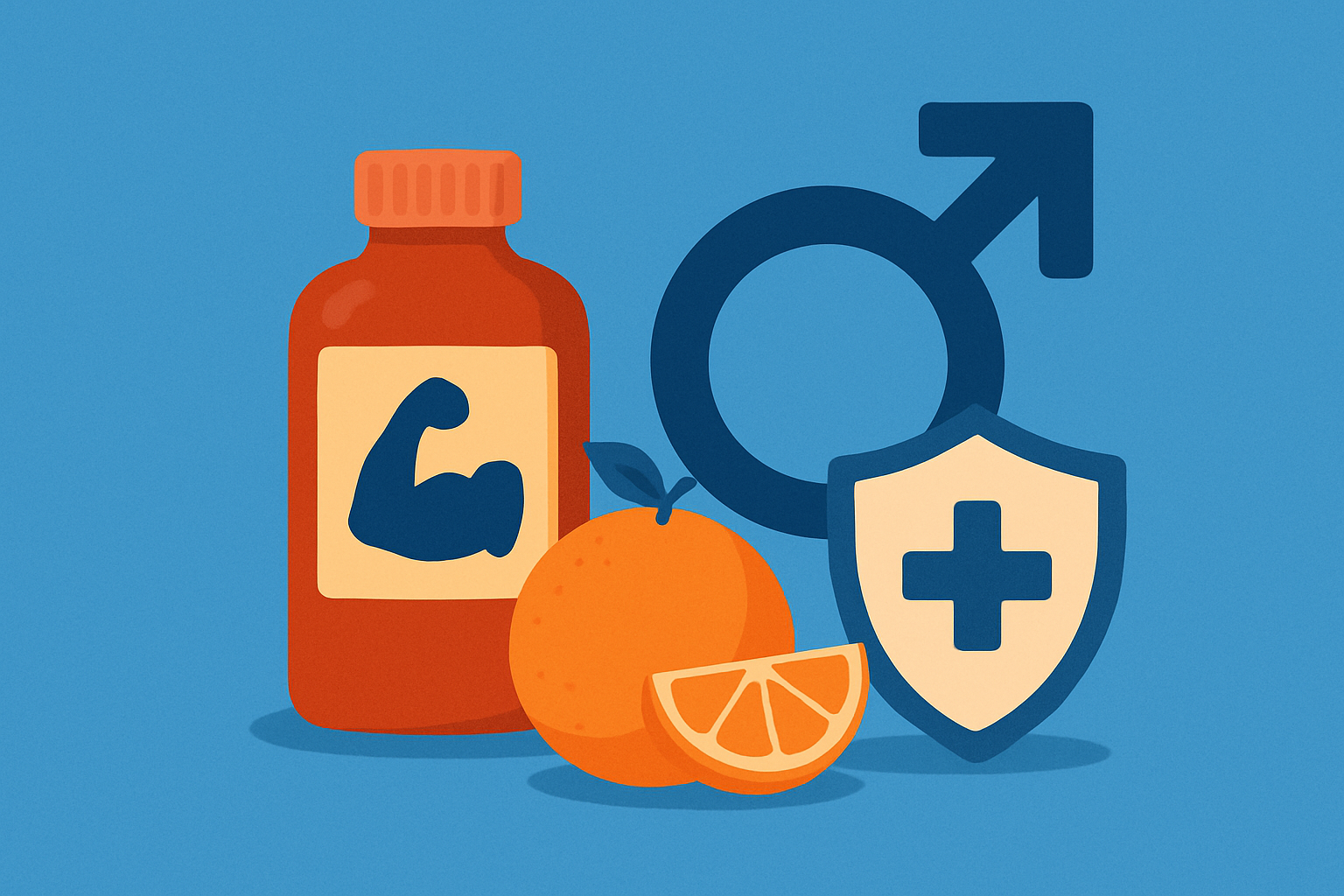 Flat illustration of men’s health with a supplement bottle showing a flexed arm, an orange fruit, male gender symbol, and a medical shield on a blue background.