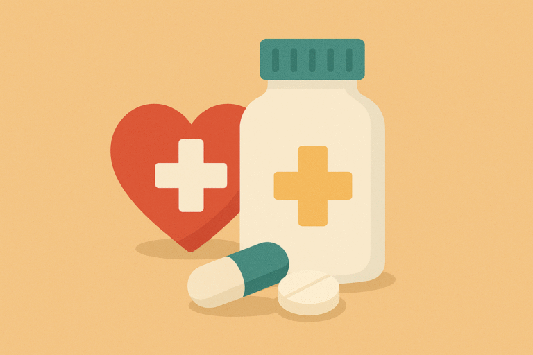 Flat illustration of specialized care with a supplement bottle, red heart with medical cross, capsule, and tablet on a beige background.