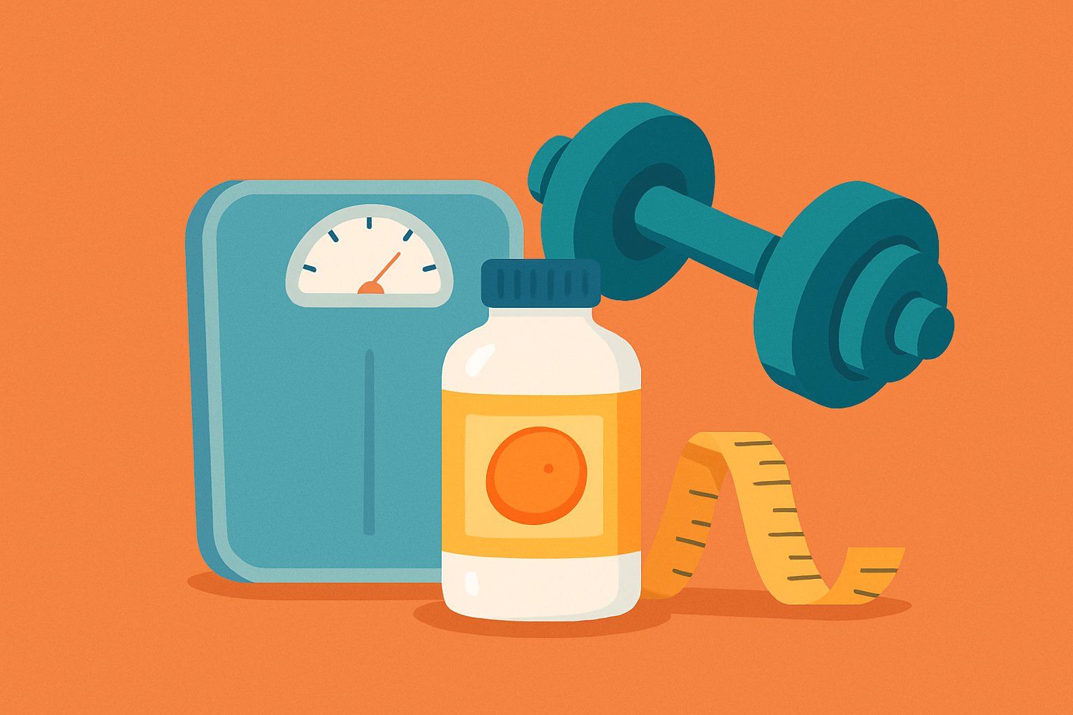 Flat illustration of weight and fitness supplements with a dumbbell, scale, measuring tape, and vitamin bottle on an orange background.