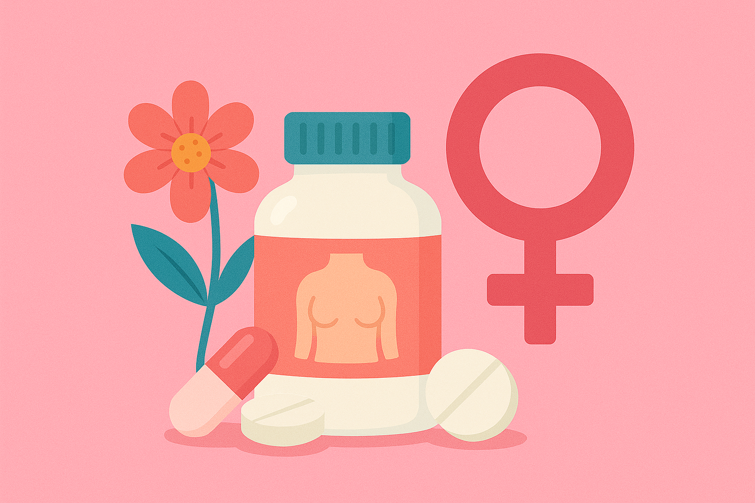 Flat illustration of women’s health with a supplement bottle, female gender symbol, flower, capsule, and tablets on a pink background.